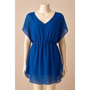 Express Women's Medium Blue Sheer V-Neck Tunic Top Flutter Sleeve Coastal Flirty